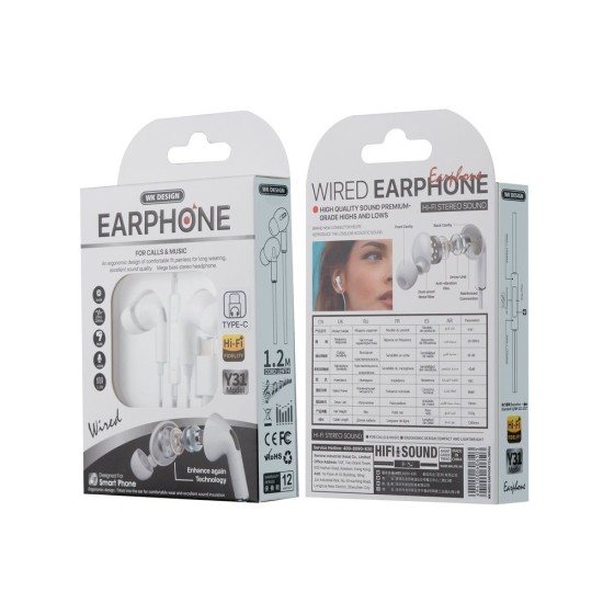 WK Y31 Lightning In-ear Handsfree με Βύσμα Lightning Λευκό WK Y31 Lightning In-ear Handsfree με Βύσμα Lightning Λευκό