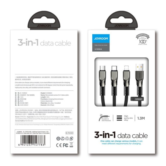 Joyroom 3in1 USB cable - Lightning / microUSB / USB Type C 3,5A 480 Mbps 1,3m (S-1335K4) Κόκκινο