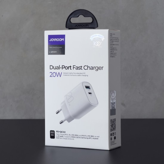 Joyroom Φορτιστής Χωρίς Καλώδιο με Θύρα USB-A και Θύρα USB-C 20W Quick Charge 3.0 (L-QP2011)Λευκός Joyroom Φορτιστής Χωρίς Καλώδιο με Θύρα USB-A και Θύρα USB-C 20W Quick Charge 3.0 (L-QP2011)Λευκός