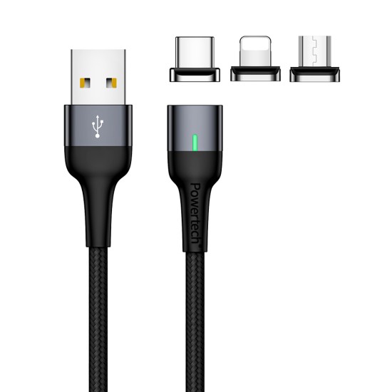 Powertech Καλώδιο USB 2.0 σε Micro / Type-C / Lightning PT-754 μαγνητικό, 1m