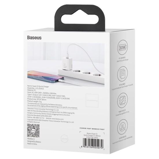 Baseus Φορτιστής Χωρίς Καλώδιο με Θύρα USB-C 30W Power Delivery (Super Si) Λευκός