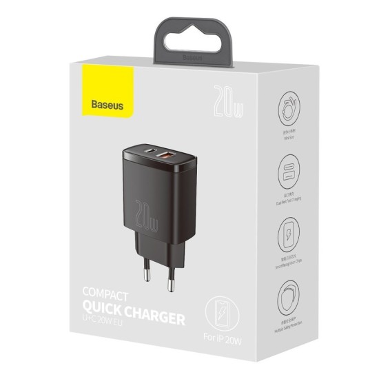 Baseus Compact Fast USB / USB Type C Charger 20W 3A Power Delivery Quick Charge 3.0 CCXJ-B01 Μαύρο