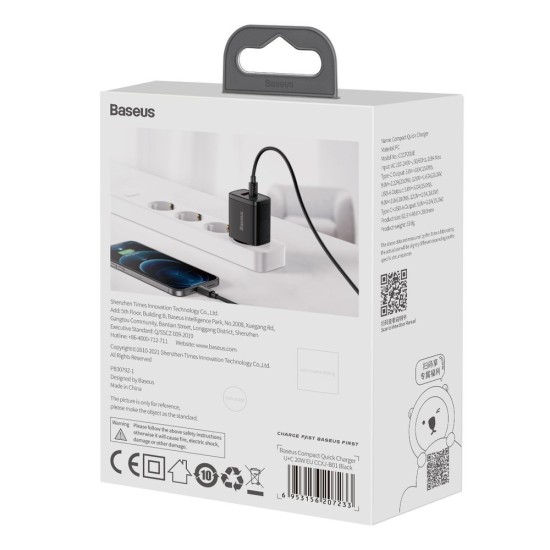 Baseus Compact Fast USB / USB Type C Charger 20W 3A Power Delivery Quick Charge 3.0 CCXJ-B01 Μαύρο