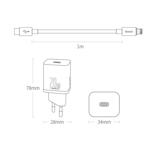 Baseus Φορτιστής με Θύρα USB-C και Καλώδιο Lightning 20W Power Delivery Λευκός (Super Si 1C)