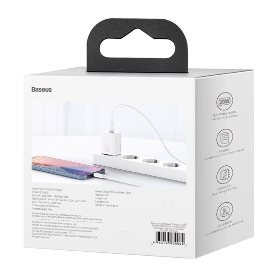 Baseus Φορτιστής με Θύρα USB-C και Καλώδιο Lightning 20W Power Delivery Λευκός (Super Si 1C)