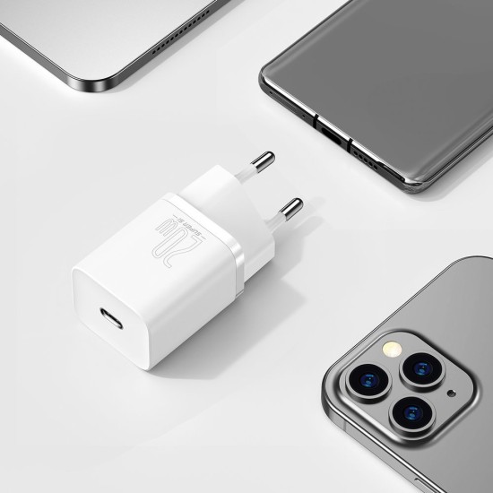 Baseus Φορτιστής με Θύρα USB-C και Καλώδιο Lightning 20W Power Delivery Λευκός (Super Si 1C)