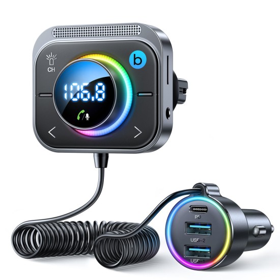 Joyroom FM transmitter / fast car charger 30W 2xUSB-A / USB-C PD JR-CL18 Μαύρο