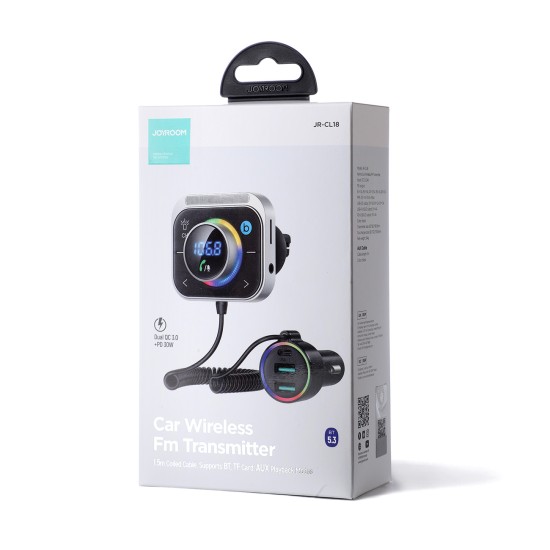 Joyroom FM transmitter / fast car charger 30W 2xUSB-A / USB-C PD JR-CL18 Μαύρο