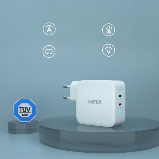 Choetech GaN fast charger 2x USB Type C Power Delivery 3.0 QuickCharge 3.0 AFC 100W EU white (PD600