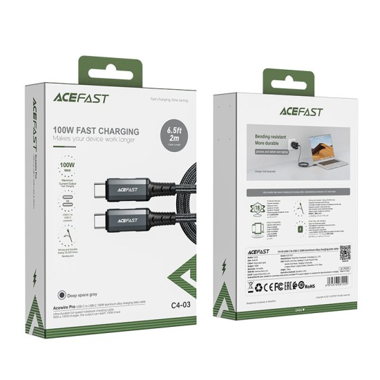 Acefast cable USB Type C - USB Type C 2m, 100W (20V / 5A) gray (C4-03 deep space gray) Acefast cable USB Type C - USB Type C 2m, 100W (20V / 5A) gray (C4-03 deep space gray)